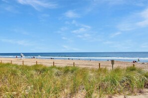 A beach with a wooden fence, grassy dunes, and the ocean in the background. - Oceanblock 3 bedroom condo! Steps to the beach and Atlantic Ocean. Pets allowed! OS42 (Ocean City)