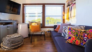 A compact living space with a sofa, a chair, a television, and a small kitchenette. - Monte Mahala – Two Unique Homes! (Johnson City)