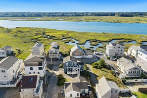A coastal residential area with houses, a clear view of the water, and a distant forest. - Blue Tides (Wells)