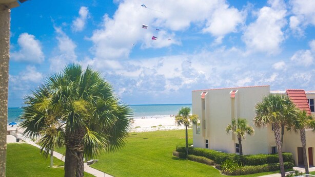 A view of a beach with palm trees and a building with a red roof.