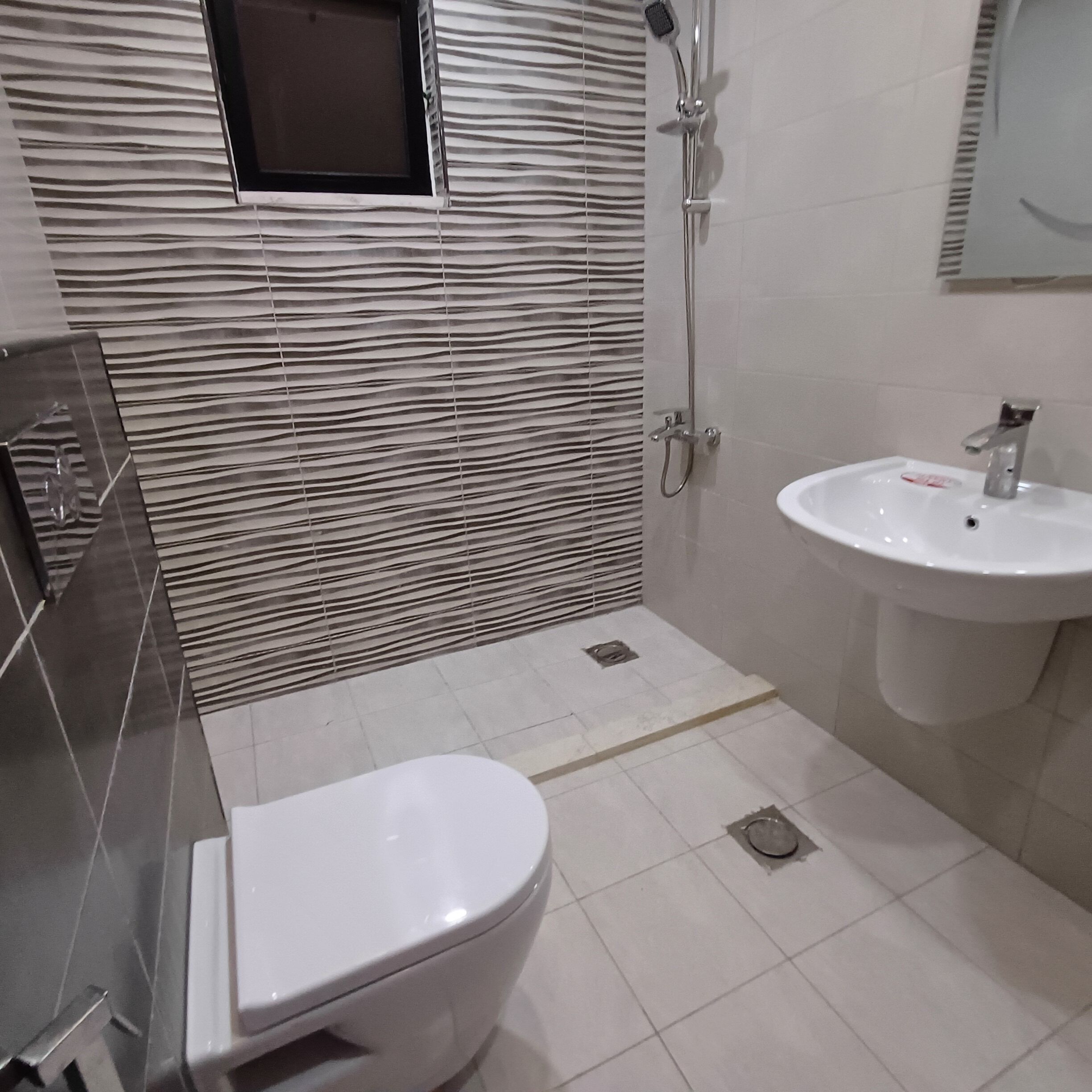 Un baño con inodoro blanco, lavabo y ducha.