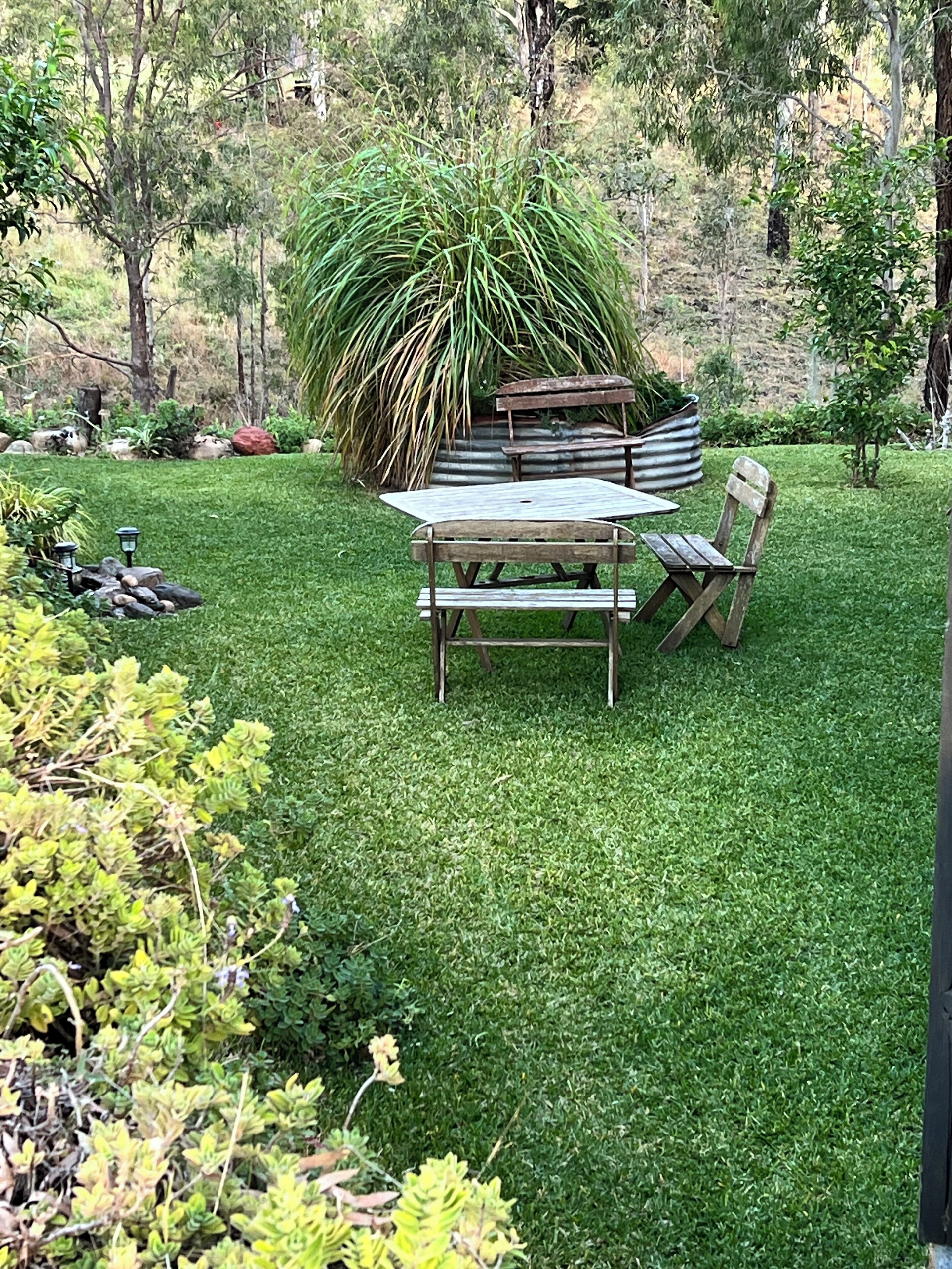 Un jardin bien entretenu, agrémenté d’une table et de chaises en bois, entouré d’une végétation luxuriante et de diverses plantes.
