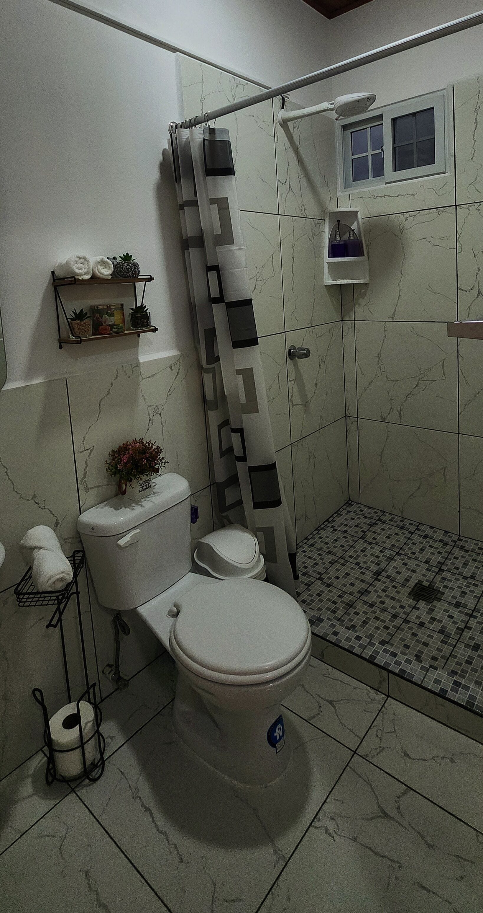 A bathroom with a toilet, shower, and tiled floor.