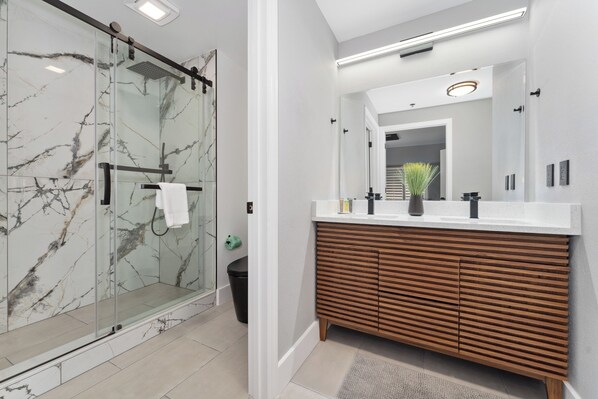Hair dryer, towels, soap, toilet paper