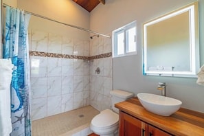 Hair dryer, towels, soap, shampoo