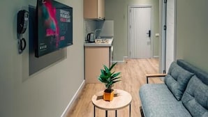 Un salon moderne avec un canapé gris, une table basse ronde agrémentée d’une plante, un téléviseur à écran plat fixé au mur et, au fond, un coin cuisine.
