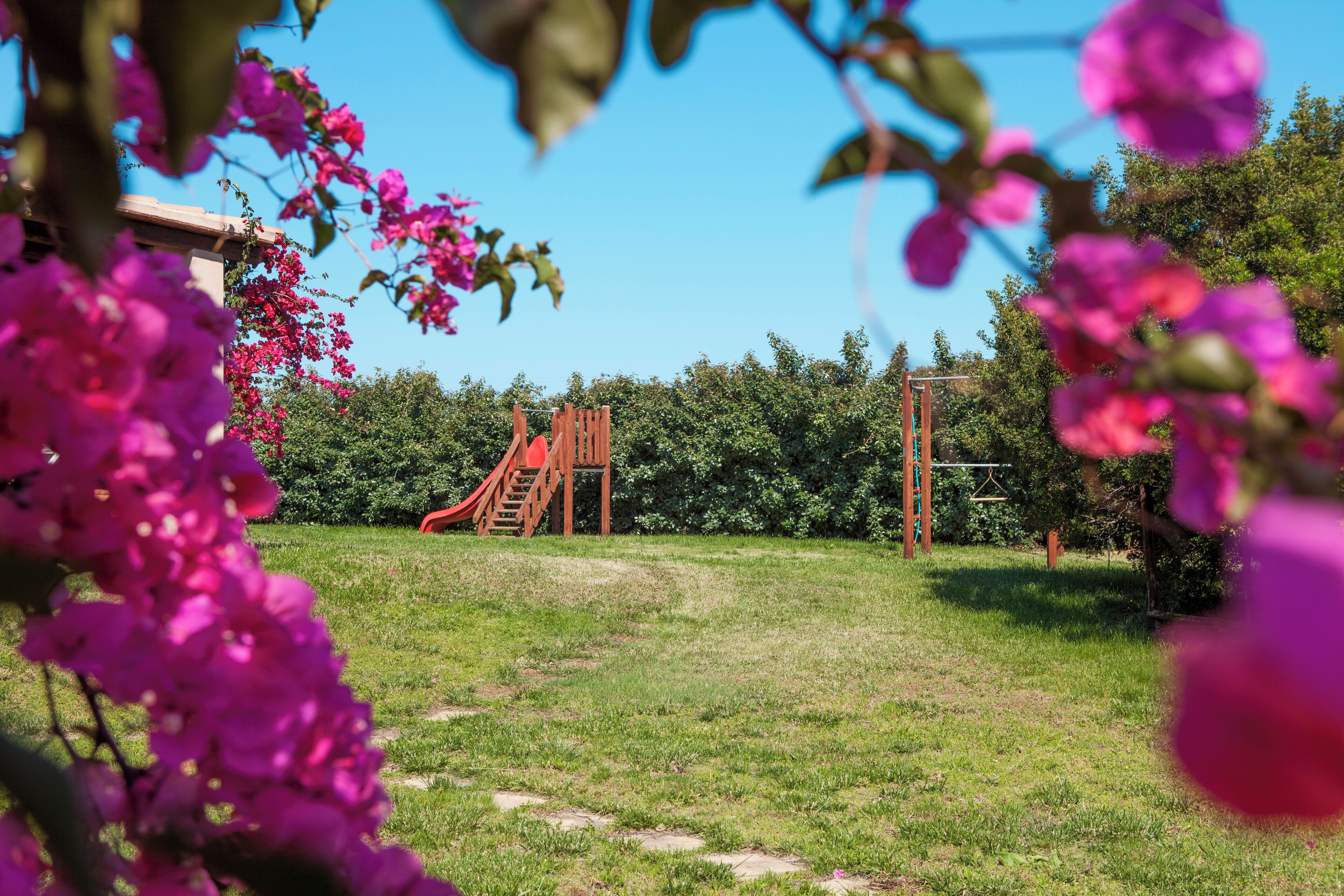 Une aire de jeux avec un toboggan et une structure d’escalade, entourée d’herbe verte et d’arbres.