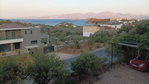 A residential area with modern houses, a road, and a view of the sea and mountains.