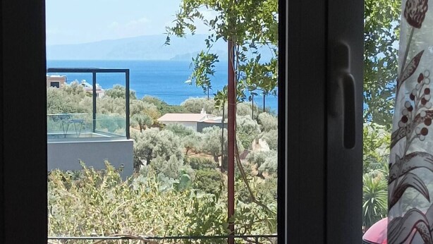 A view from a window with a metal railing, overlooking a coastal landscape with trees and buildings.