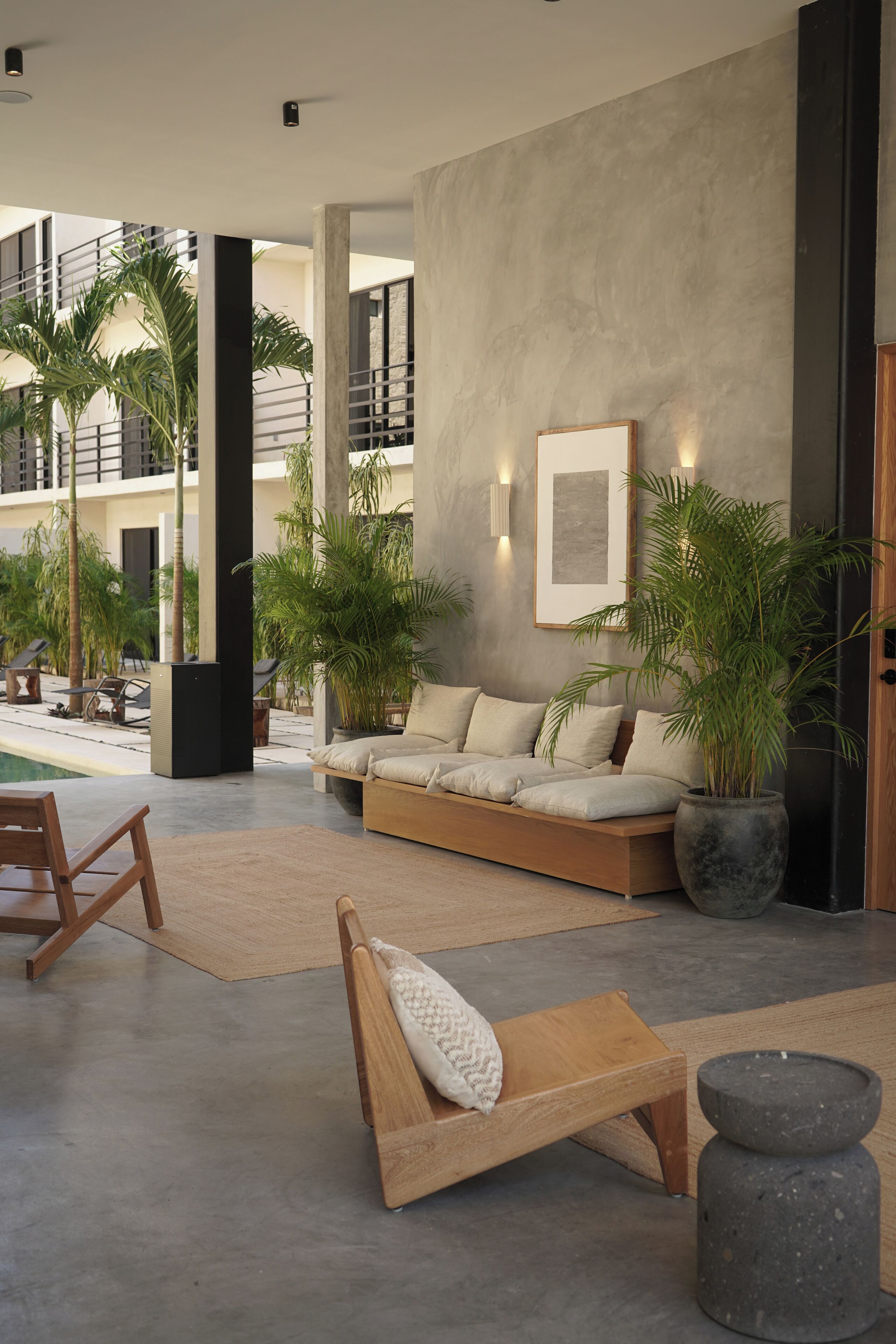 A modern lounge area with a sofa, lounge chairs, and potted plants.