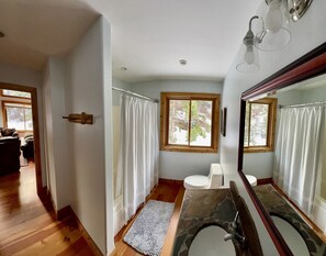 Une salle de bain avec un lavabo en pierre, un grand miroir, des toilettes et une fenêtre avec des rideaux.