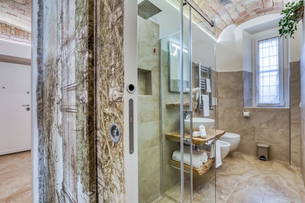 Shower, hair dryer, bidet, towels