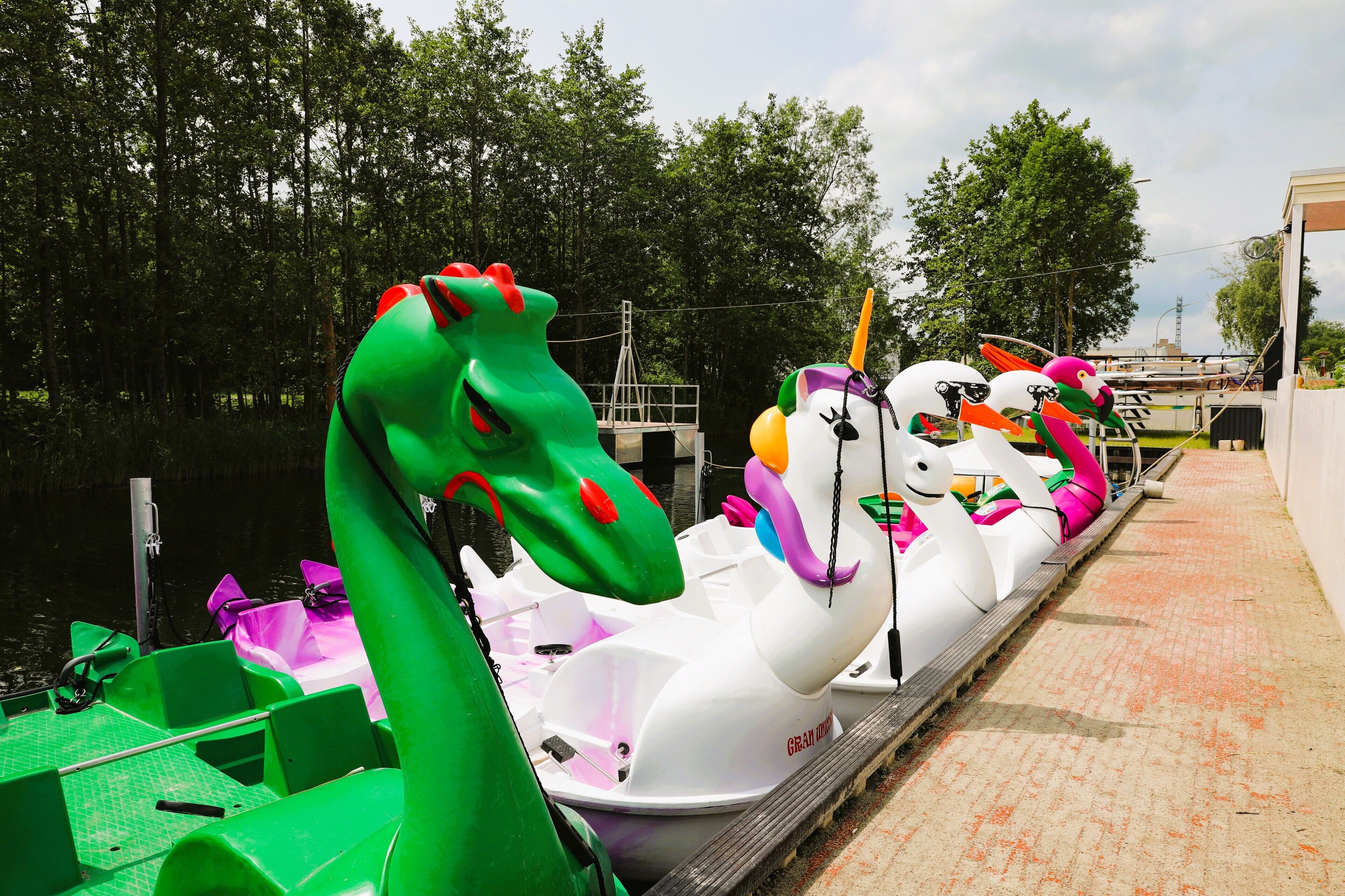 A row of watercraft with animal-shaped seats, docked at a pier.