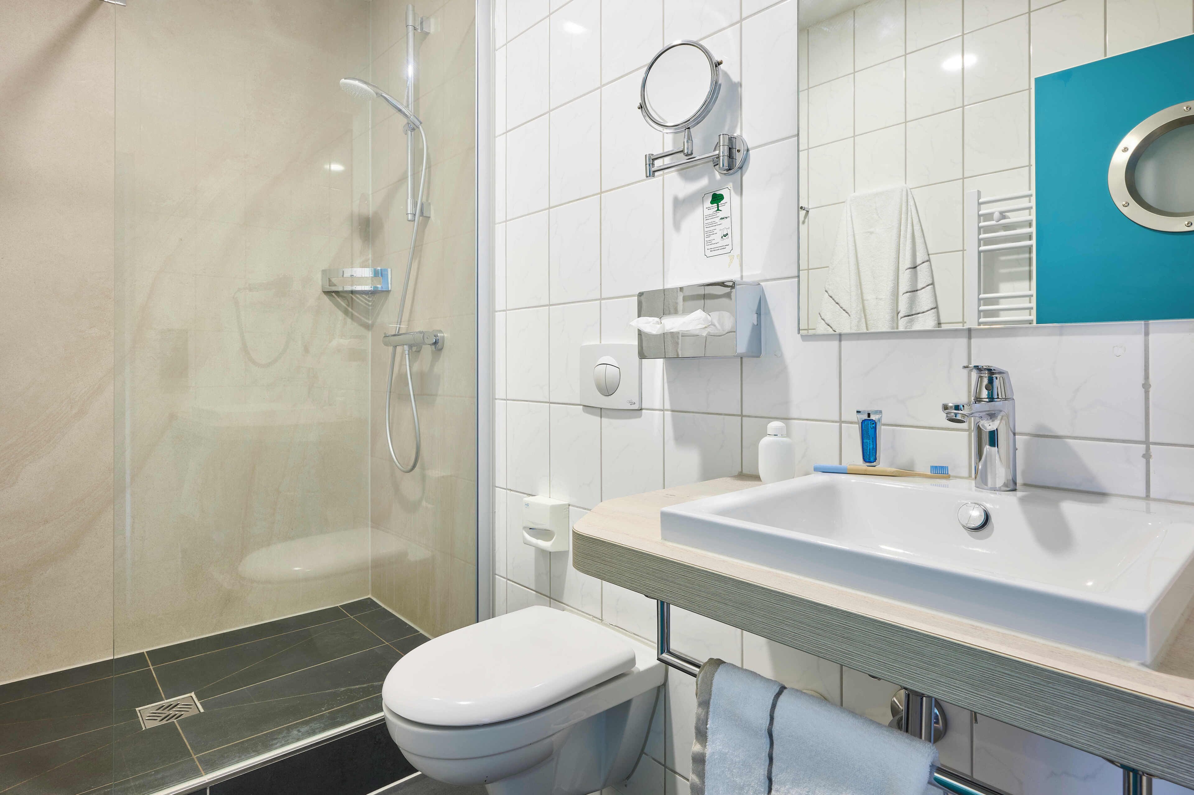 A modern bathroom with a glass-enclosed shower, a white toilet, a sink with a mirror, and a towel rack.