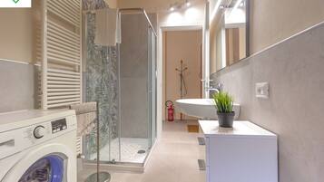 Shower, hair dryer, bidet, towels
