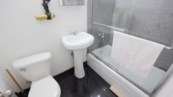 Hair dryer, towels, soap, toilet paper