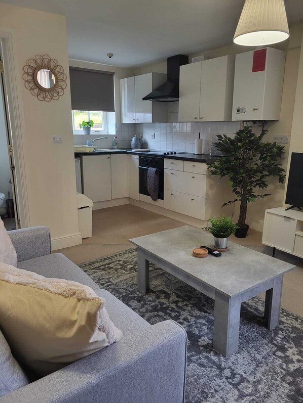 Relax in this stylish living room with a sofa, coffee table, and potted plant, featuring a kitchen area with cabinetry and a range hood.