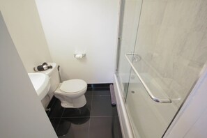 Hair dryer, towels, soap, toilet paper