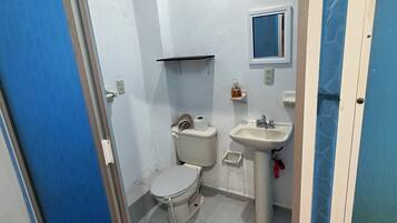 Hair dryer, towels, soap, toilet paper