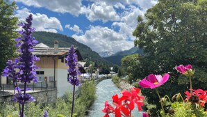 A river flowing through a valley with a house and mountains in the background.