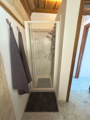 Hair dryer, towels, soap, toilet paper