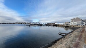 A waterfront property with a dock, a pier, and a row of houses.