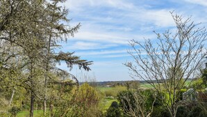 A rural landscape with trees, a grassy field, and a distant view of a house.