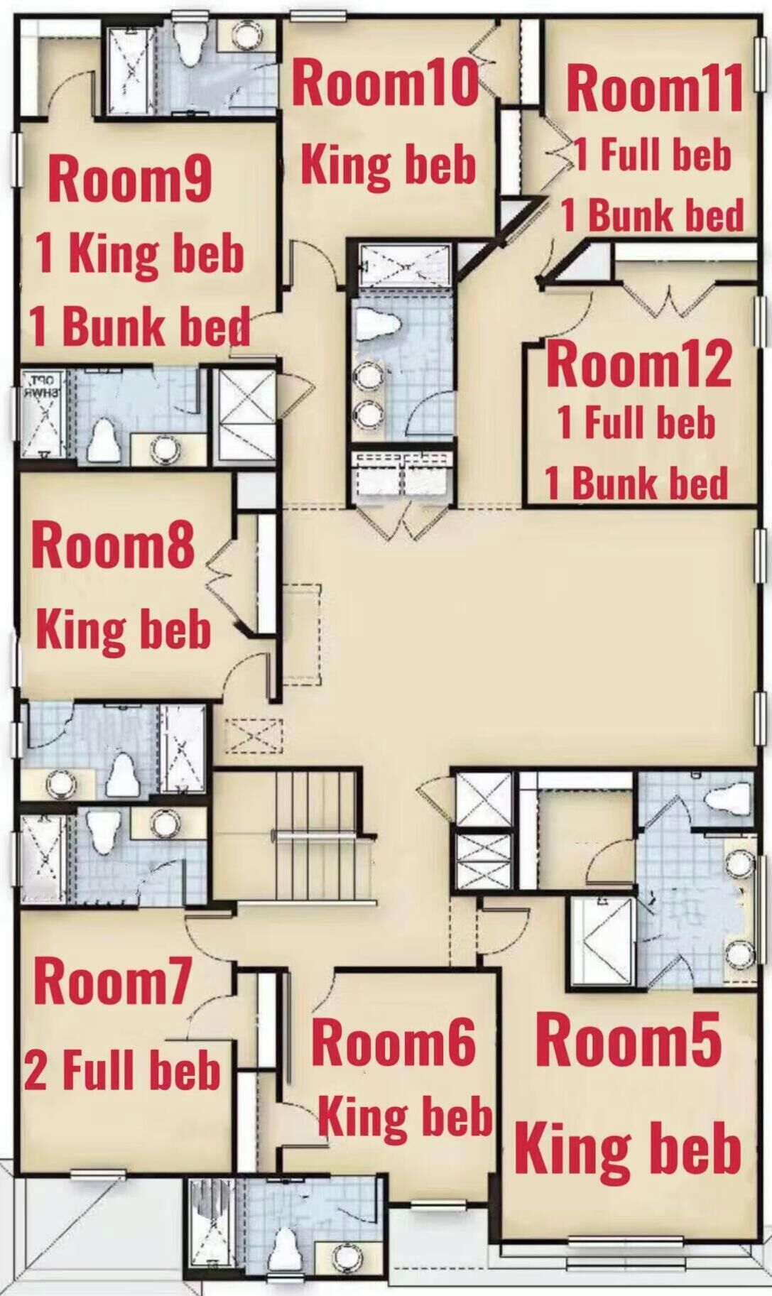 A floor plan of a hotel with rooms labeled with amenities like 'King bed' and 'Full bed'.