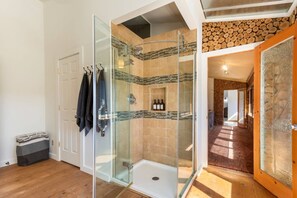 Shower, hair dryer, towels