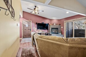 Smart TV, chimenea y libros 