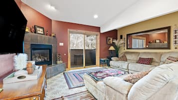 Smart TV, chimenea, libros