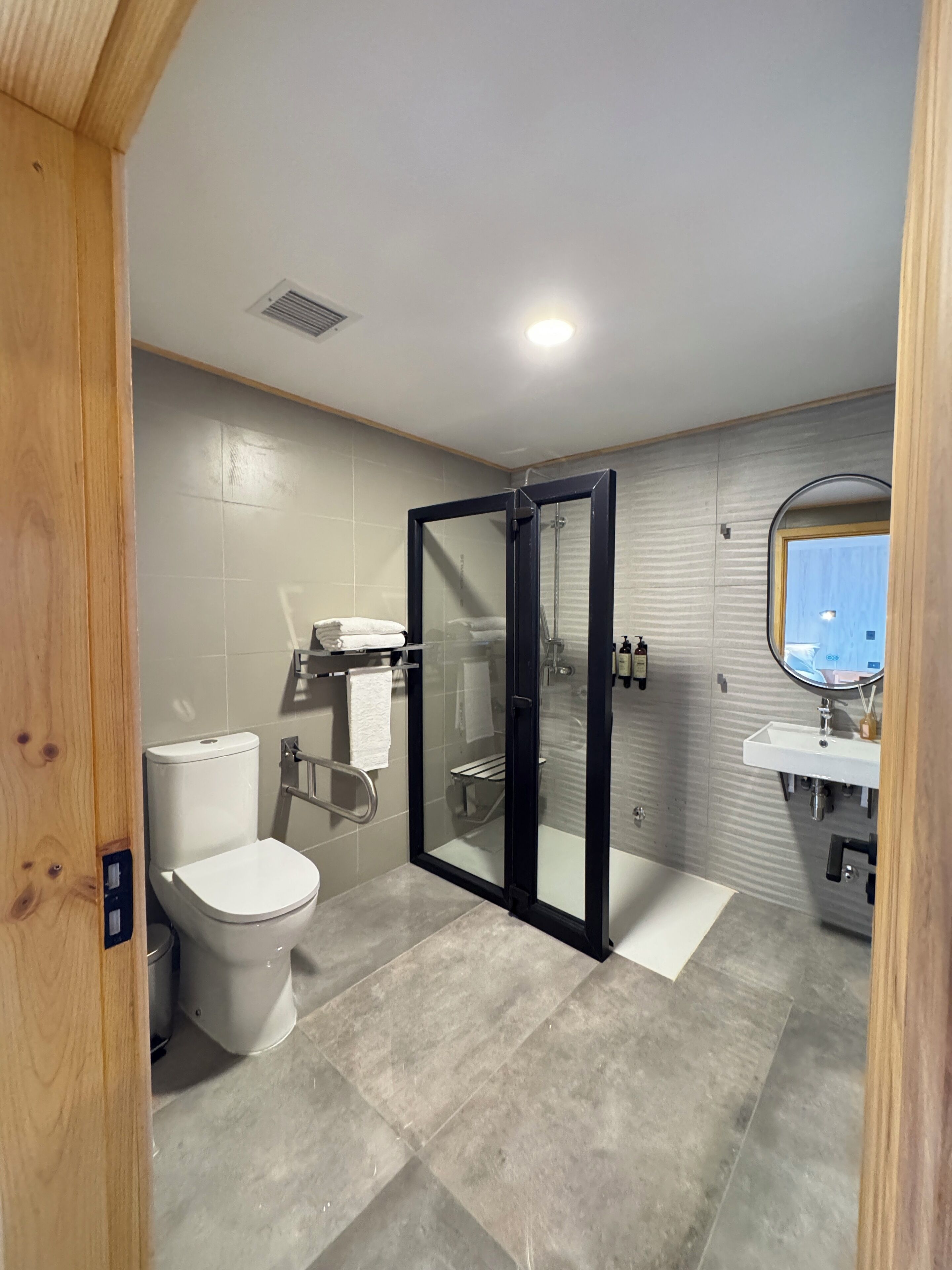 A modern bathroom with a glass-enclosed shower, a white toilet, and a sink with a mirror.