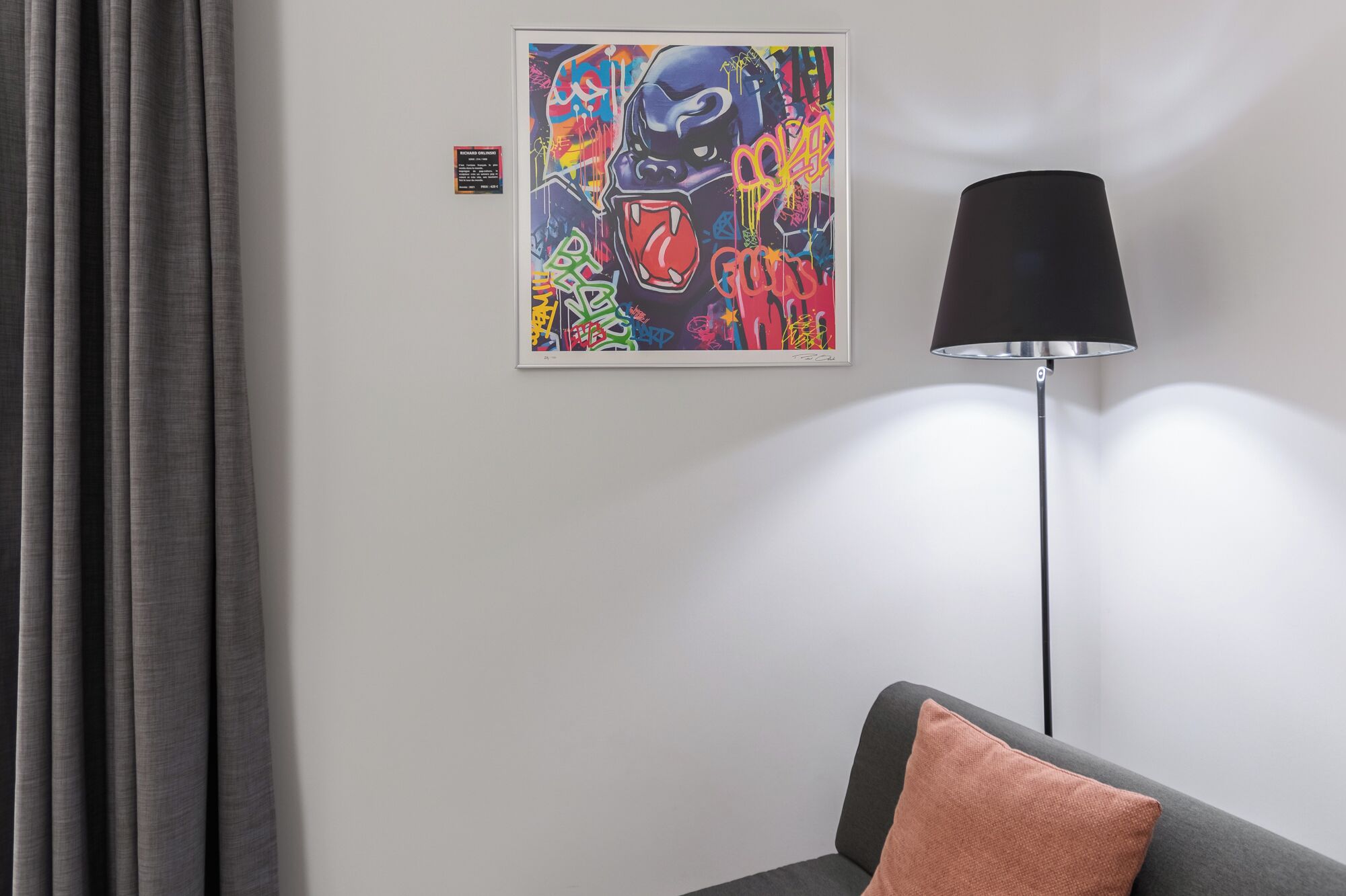Une pièce avec un canapé gris, un lampadaire noir et un tableau abstrait aux couleurs vives accroché au mur.