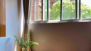 Una esquina de una habitación con una ventana, una planta en maceta y un radiador.