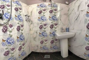 Douche, sèche-cheveux, serviettes fournies, savon