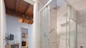 Een moderne badkamer met een douchecabine van glas, houten vloer en een zichtbare keukenruimte.