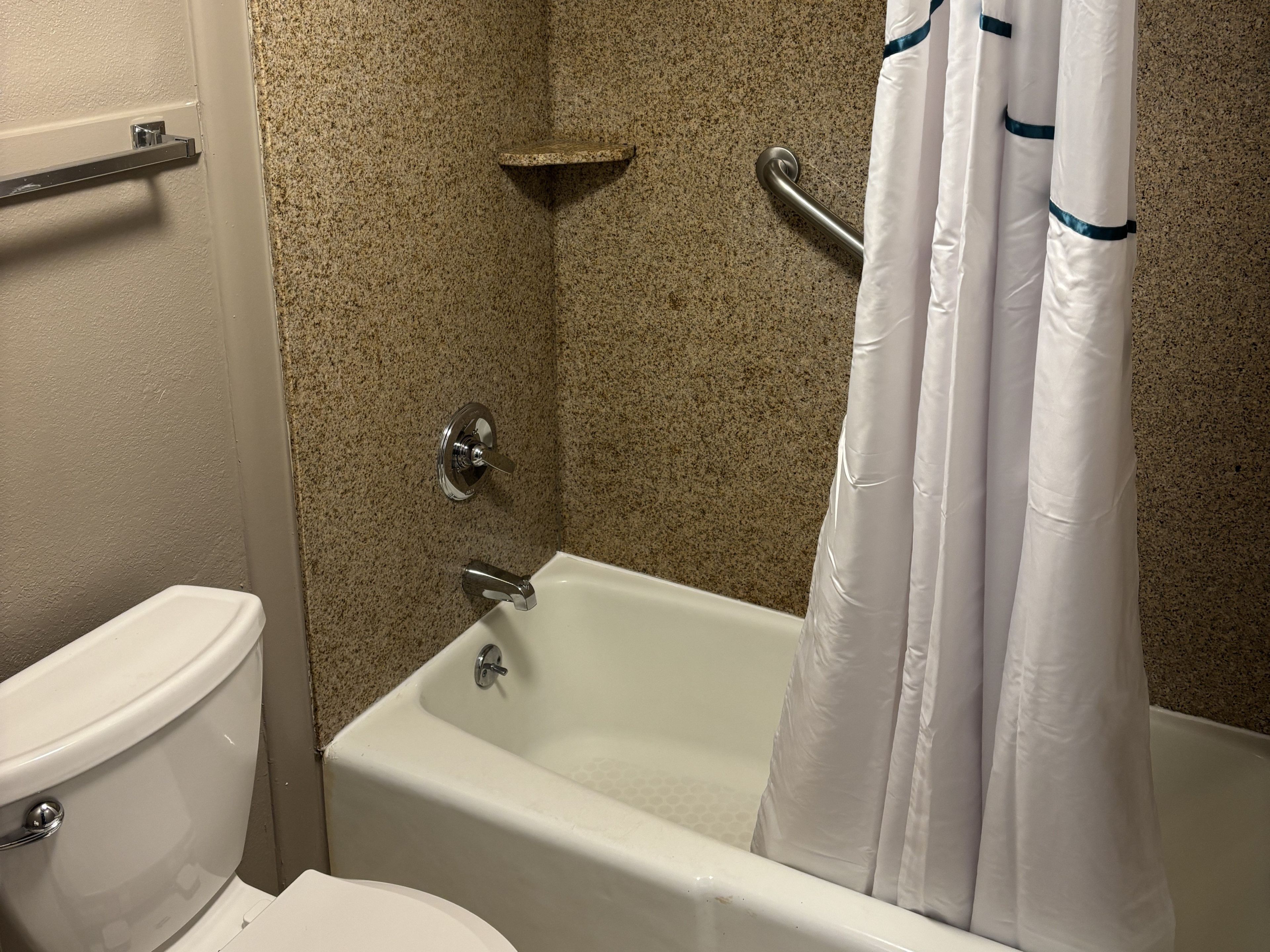 A bathroom with a toilet, a bathtub, and a shower curtain.