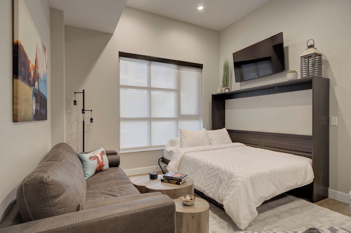 Une chambre à coucher avec un lit, un canapé, une télévision et une fenêtre.