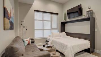 A bedroom with a bed, a sofa, a TV, and a window.