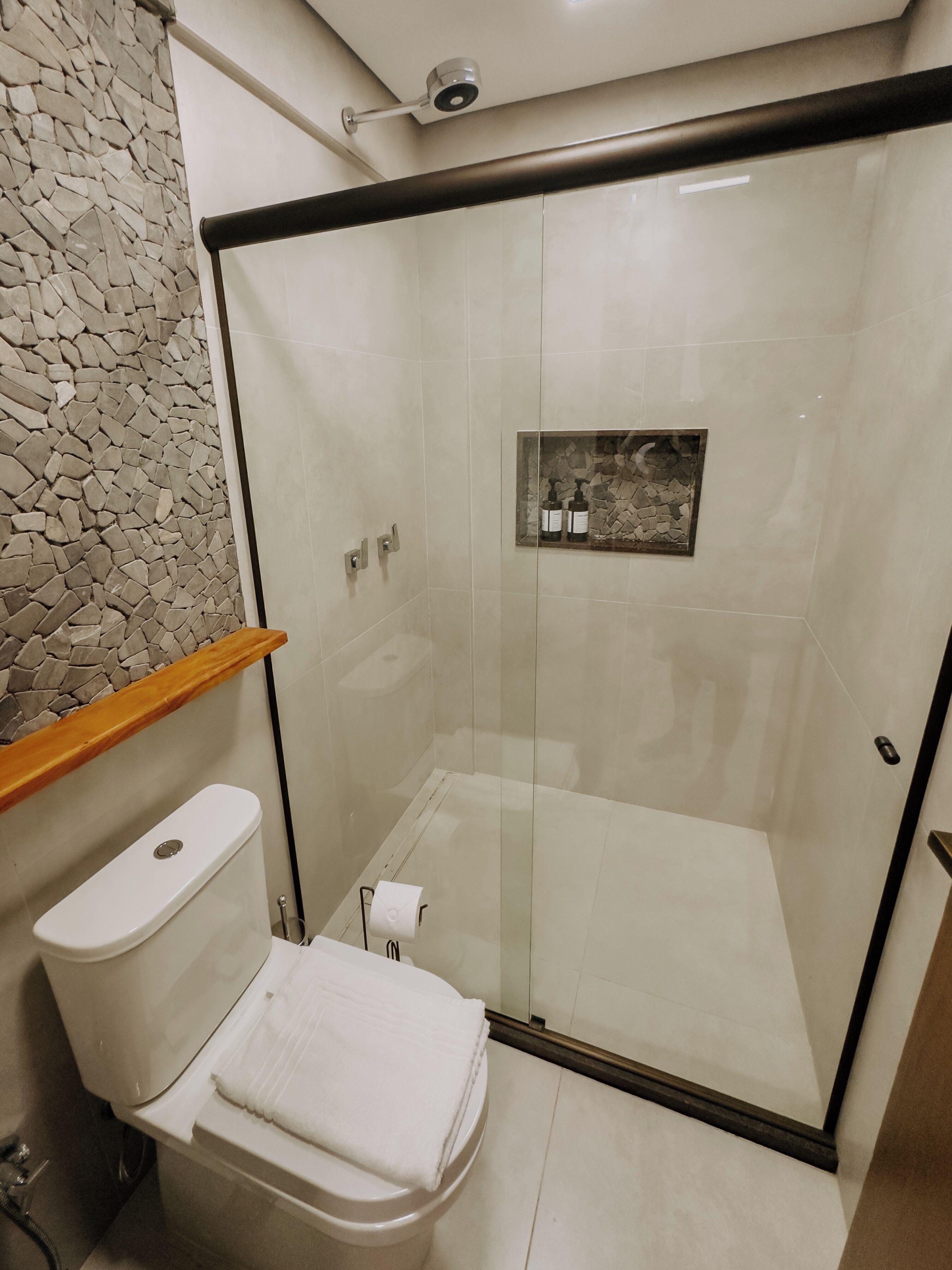 Une salle de bain moderne avec une douche à parois de verre, des toilettes et un mur en pierre.