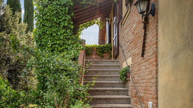 A staircase with a brick wall, a potted plant, and a street lamp.