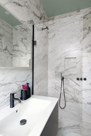 Shower, hair dryer, toilet paper