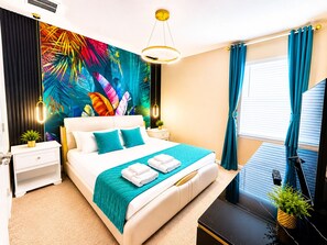 A modern bedroom with a bed, nightstands, a wall mural, and a window with curtains. - 2500 Luxury 12 B.R 11.5BA 19 B.D in upscale community Pool/Game Close to Disney (Kissimmee)