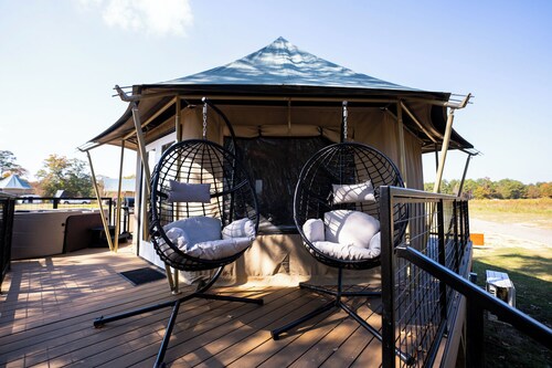 Lake Front Exclusive Glamping Tent: Hot Tub, TV, & Soaking Tub