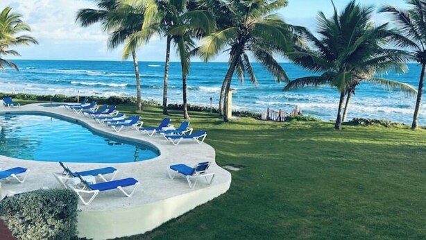 Una piscina con sillas reclinables azules y palmeras frente al océano.
