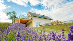 Une maison à deux étages dotée d’un balcon, entourée d’un champ de fleurs violettes.