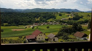 A rural landscape with houses and fields, viewed from a balcony.