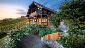 A two-story wooden house with a balcony, surrounded by lush greenery and a stone pathway.