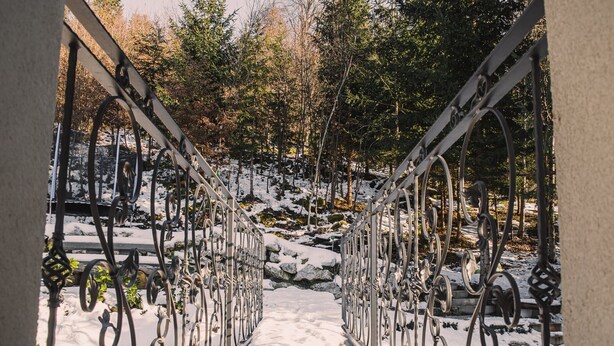 A snow-covered pathway with ornate metal railings leading to a forested area.