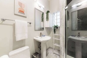 Shower, hair dryer, towels